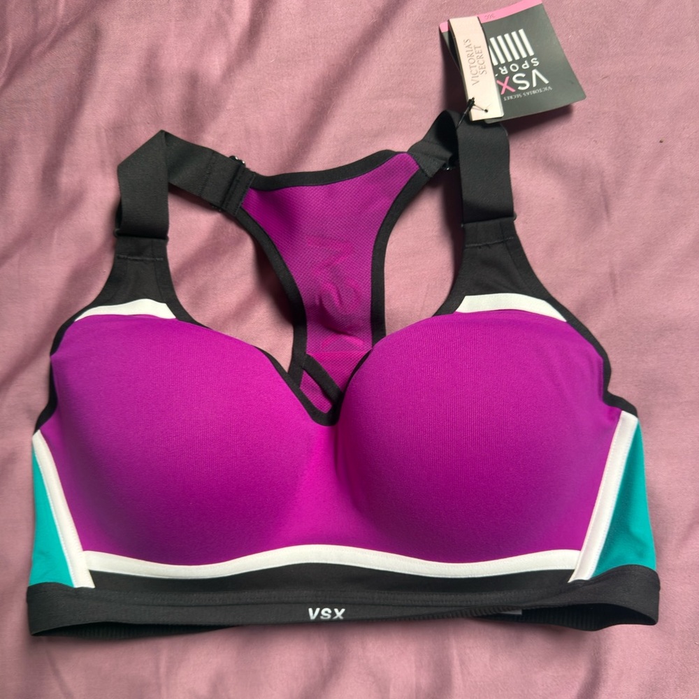 Victorias Secret Incredible purple, black, and teal Sports Bra. 36C